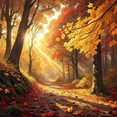 Golden Autumn Forest with Falling Leaves, Sunlight Through Trees