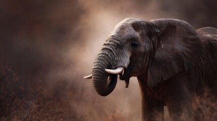 An alert African elephant with its trunk raised in a dusty sunlit natural environment