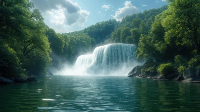 Experience breathtaking natural beauty with this stunning wide waterfall cascading into a serene, sunlit lake surrounded by lush green forests and dramatic skies. - Powered by Adobe