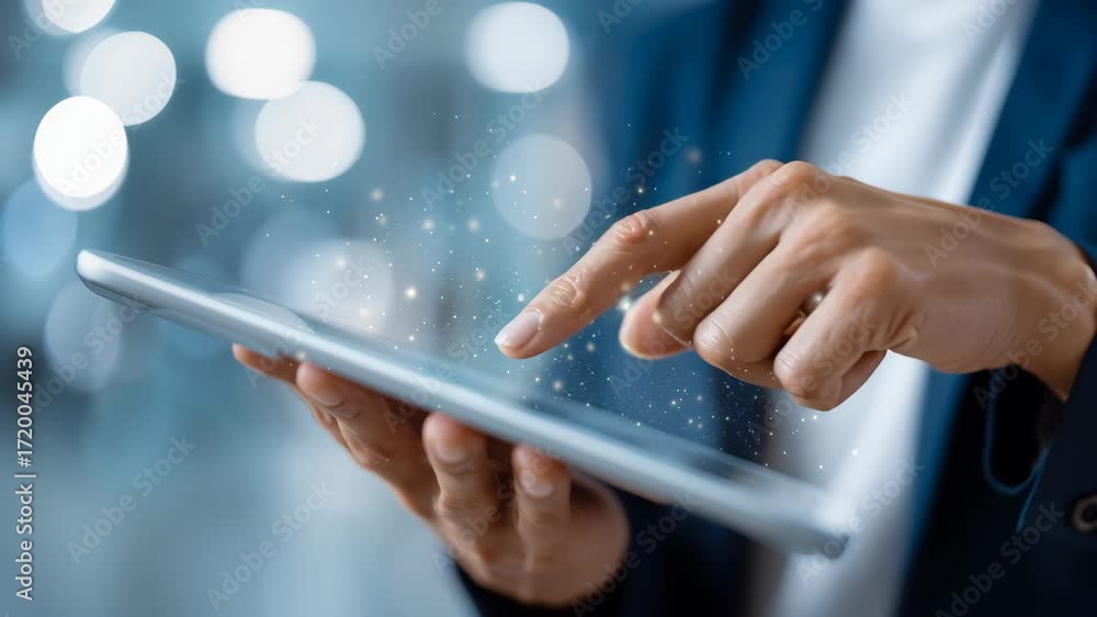 Poster individual touching tablet screen with glowing effects illustrating technology engagement. professio