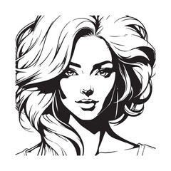 Black and white close up illustration of a beautiful woman face minimalist elegant line art drawing