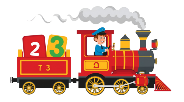 Cartoon Train Driver In Blue Uniform Driving Red Train With Numbers 2 and 3 On transparent background. Black Background locomotive isolated on a transparent background