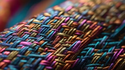 Vibrant woven textile macro shot revealing intricate colorful threads and rich textured detail, perfect for design inspiration