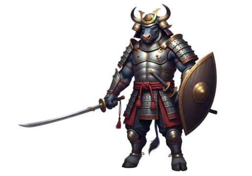A formidable bull samurai stands ready, clad in detailed, steel armor, holding a sword and shield against a dark backdrop.