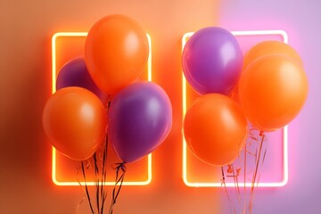 Vibrant orange and purple balloons floating in front of neon frames on orange and pink background, festive celebration and party decoration concept