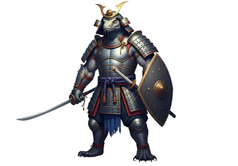 A formidable lizard-like warrior in detailed samurai armor stands ready with sword and shield, showcasing intricate details and a strong, imposing presence.