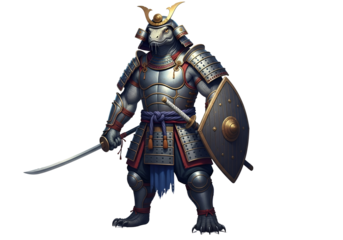 A formidable lizard-like warrior in detailed samurai armor stands ready with sword and shield, showcasing intricate details and a strong, imposing presence.