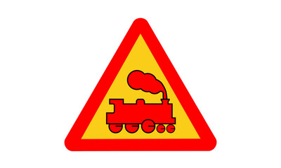 Red train crossing warning sign triangle shape transportation symbol for safety awareness isolated on transparent background