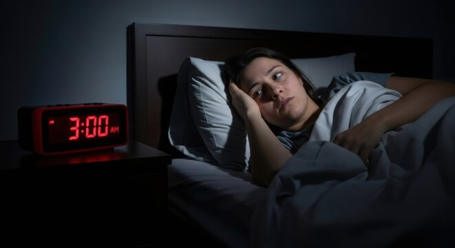 Woman lying awake in bed at night looking at the digital alarm clock. Concept of insomnia and sleep disorder.