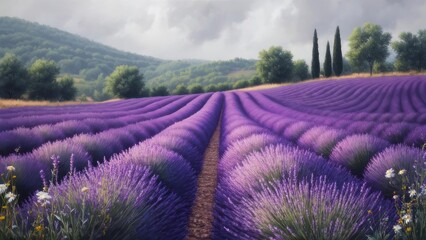 Immerse yourself in the breathtaking beauty of endless vibrant purple lavender fields stretching towards rolling green hills under a dramatic sky.