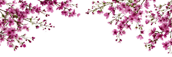 Pink blooming branches with delicate flowers create vibrant spring floral frame isolated transparent Background.