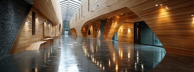 Bright and Elegant Hallway with Light Oak Wood Walls and Modern Architecture