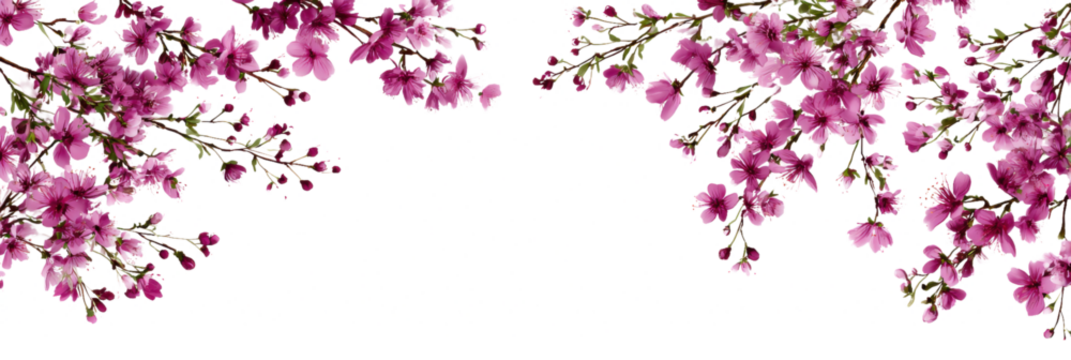 Pink blooming branches with delicate flowers create vibrant spring floral frame isolated transparent Background.