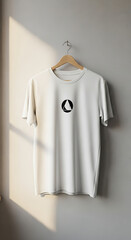 White T shirt with Abstract Logo Hanging on Wall with Sunlight