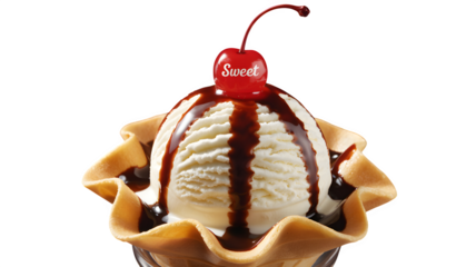  "A Single Scoop of Smooth Vanilla Ice Cream Topped with a Rich Chocolate Drizzle and a Bright Maraschino Cherry, Served in a Golden Waffle Bowl, a Deliciously Sweet Summer Indulgence."
