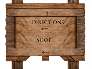 Wooden directional sign with shop and directions isolated on a transparent background