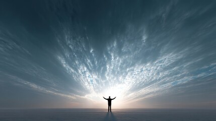 Executive with Open Arms Embracing Opportunity in a Vast, Dramatic Sky