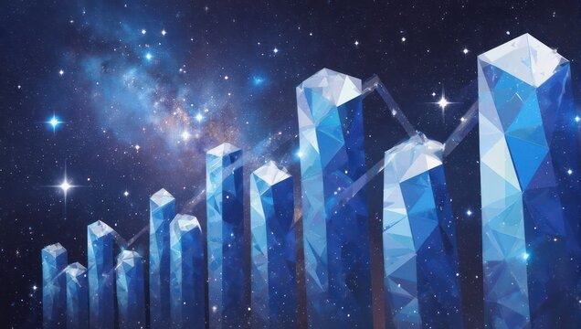 Stunning crystalline growth charts ascend through vibrant cosmic galaxy, signifying exponential business success and limitless future potential.