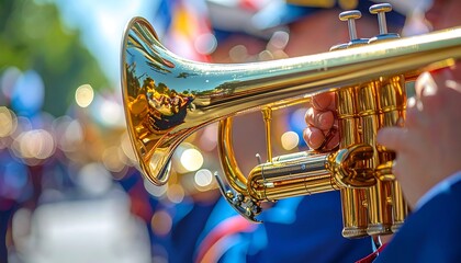 Close-up of a shiny golden trumpet played during a vibrant outdoor parade.