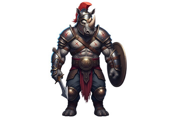 A powerful rhinoceros warrior, clad in detailed Roman-style armor, stands ready for battle against a dark background.