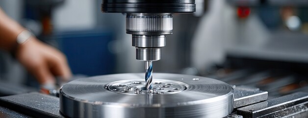 Industrial drill operates swiftly to create holes in metal plates, showcasing precision in a bustling factory filled with machinery