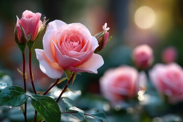 Pink roses blooming in soft sunlight with a small butterfly