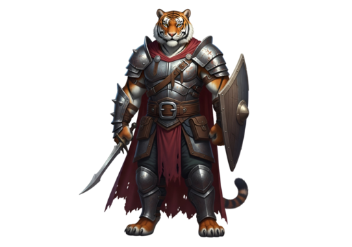 A formidable tiger warrior stands ready, clad in detailed steel armor and a crimson cloak, holding a shield and a blade.