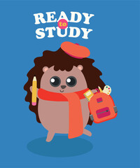 Flat Design Ready To Study Illustration with Hedgehog Holding School Bag, Pencil, Wearing a Scarf, Beret