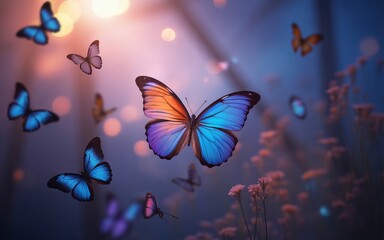 Magical swarm of vibrant butterflies fluttering through ethereal soft focus glowing light and bokeh effects