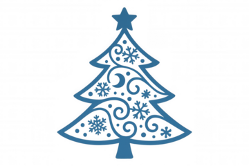 Christmas tree silhouette with decorative snowflakes and swirls, abstract holiday celebration with star on top