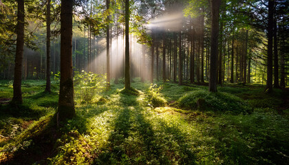 Obraz premium A Tranquil Forest With Sun Rays Filtering Through The Trees Casting Dappled Shadows