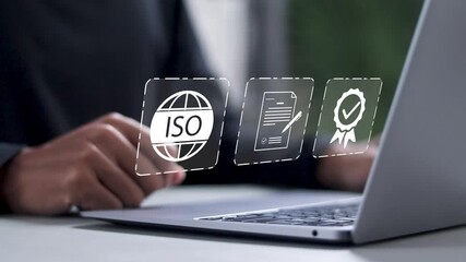 ISO standards quality control concept, Assurance and warranty business technology, International Organization for Standardization. Businessman use laptop with virtual icon. - Powered by Adobe
