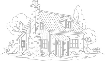 Obraz premium Line Drawing of a Cozy Cottage with Trees on a White Background