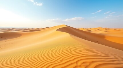 Golden sand dunes stretch across a vast desert landscape under a clear blue sky