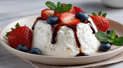 Flan topped with fresh strawberries and blueberries sits on an elegant plate, drizzled with rich brown sugar sauce in soft natural light.