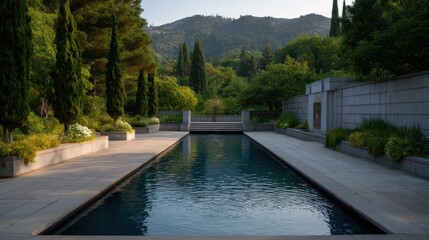 Serene Modernist Garden with Reflecting Pool and Cascading Features Amidst Lush Landscape