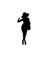 A bold, black silhouette of a woman in fashionable attire, giving a thumbs-up gesture.