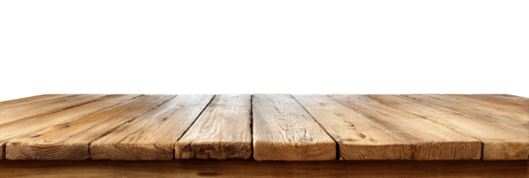 Wooden table surface with natural texture and warm color, balanced by rule of thirds isolated transparent Background.