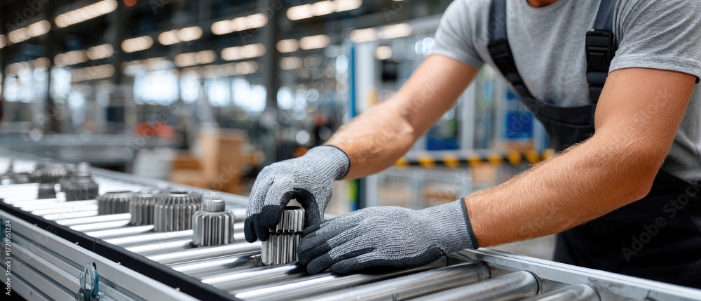 Poster engineer's hands in protective gloves carefully working with gears, showcasing the fine details and 
