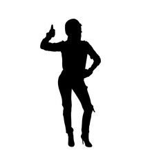 A bold, black silhouette of a woman in trendy denim clothing, giving a thumbs-up gesture.