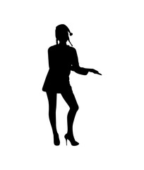 A dynamic silhouette of a woman in a mini skirt and high heels, poised in a dancing pose against a plain white background.