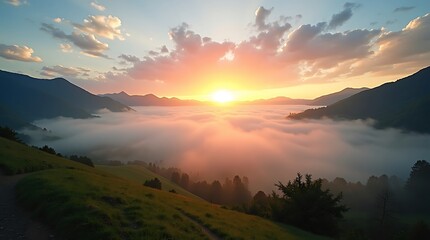 Sunrise over misty mountains with golden sunbeams breaking through clouds