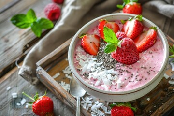 Top view of a strawberry smoothie bowl with raspberries, chia seeds, coconut flakes and mint on a wooden tray in bright sunlight
