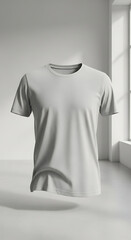 Light Gray Blank T shirt Floating in a Minimalist Room with Soft Light