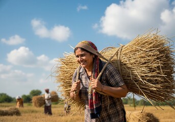 Smiling Indian woman farmer carrying a large bundle of straw during harvest. Happy female laborer working in a rural agricultural field in India