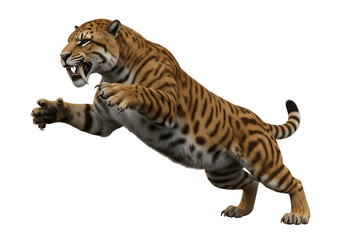 Obraz premium A powerfully posed prehistoric saber-toothed tiger leaps against a stark black background.