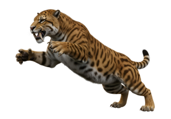 A powerfully posed prehistoric saber-toothed tiger leaps against a stark black background.