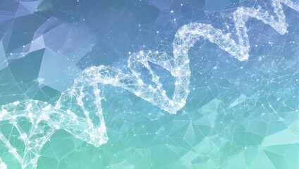 Abstract glowing DNA helix structure with interconnected geometric network against a gradient blue and green digital background, symbolizing science and innovation.