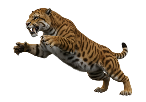 A powerfully posed prehistoric saber-toothed tiger leaps against a stark black background.