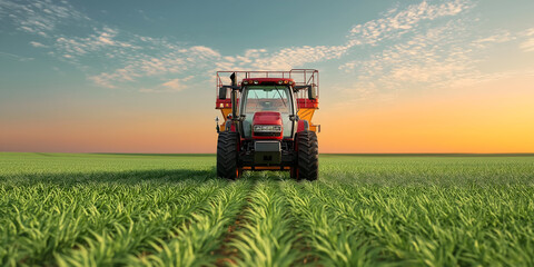 Morning sunrise with tractor in green field, front perspective
